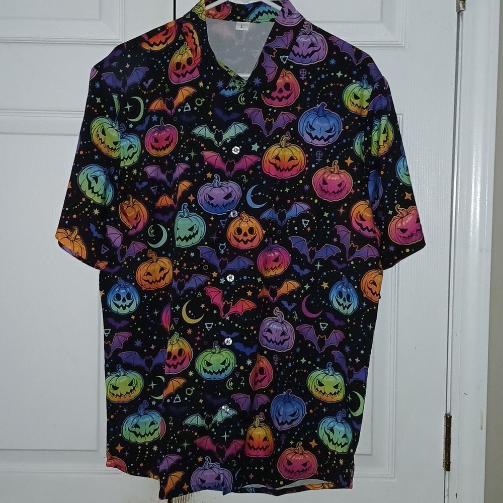 Black bright color pumpkin halloween bat scary party button down shirt Sz L NWT